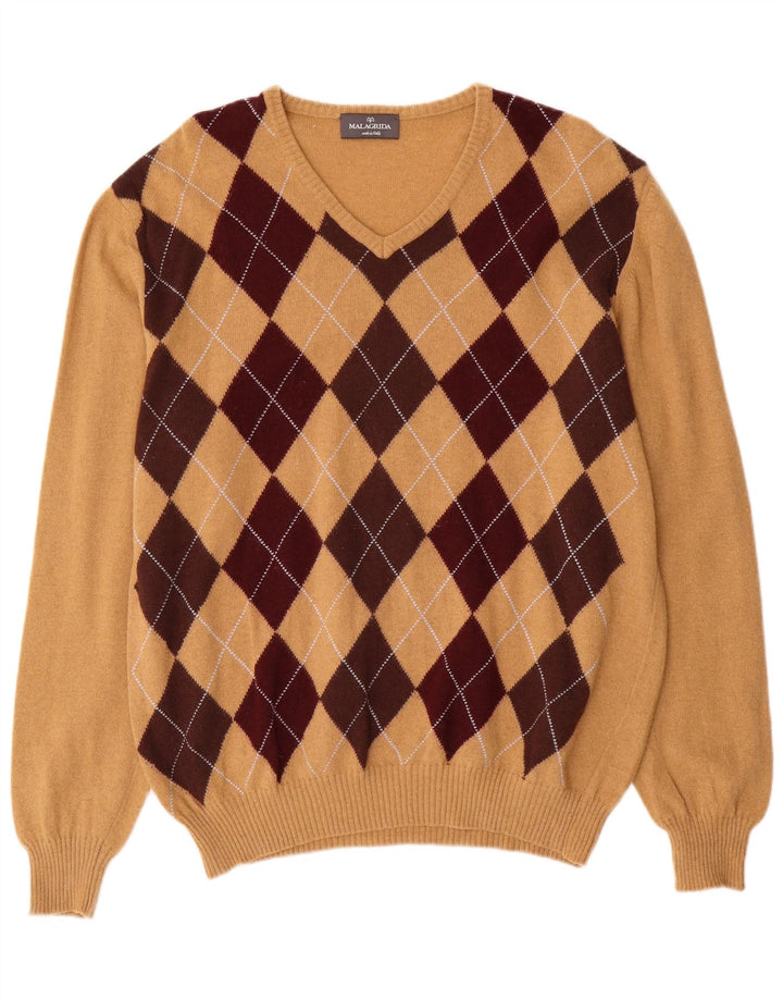 Malagrida Maglione da uomo con scollo a V XL Beige Argyle/Diamond Wool