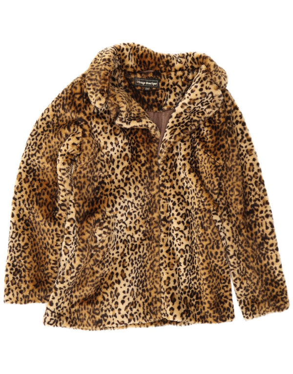 Giacca vintage da donna in pelliccia sintetica aperta UK 12 stampa animalier marrone medio