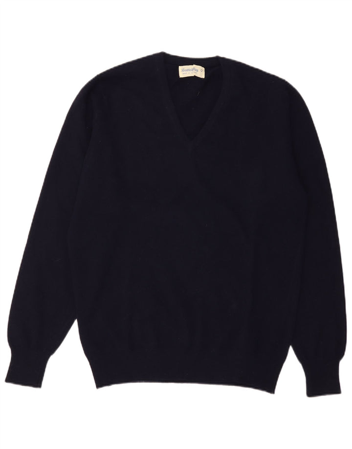 Maglione da uomo con scollo a V con bandiera scozzese, lana vergine media blu navy