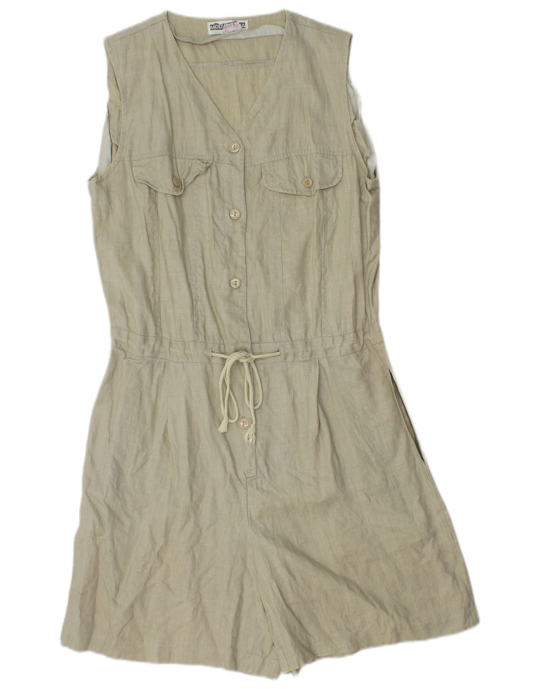 Tutina corta senza maniche da donna vintage UK 12 Lino kaki medio