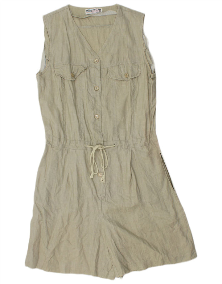 Tutina corta senza maniche da donna vintage UK 12 Lino kaki medio