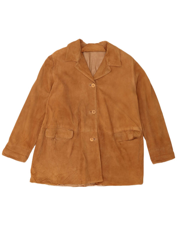 Giacca blazer vintage in pelle scamosciata a 3 bottoni da donna EU 48 2XL in pelle beige