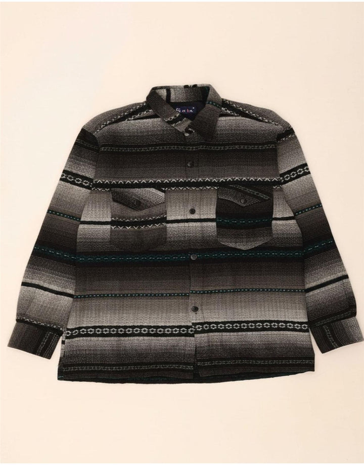 VINTAGE Mens Overshirt Shirt Medium Grey Striped Acrylic