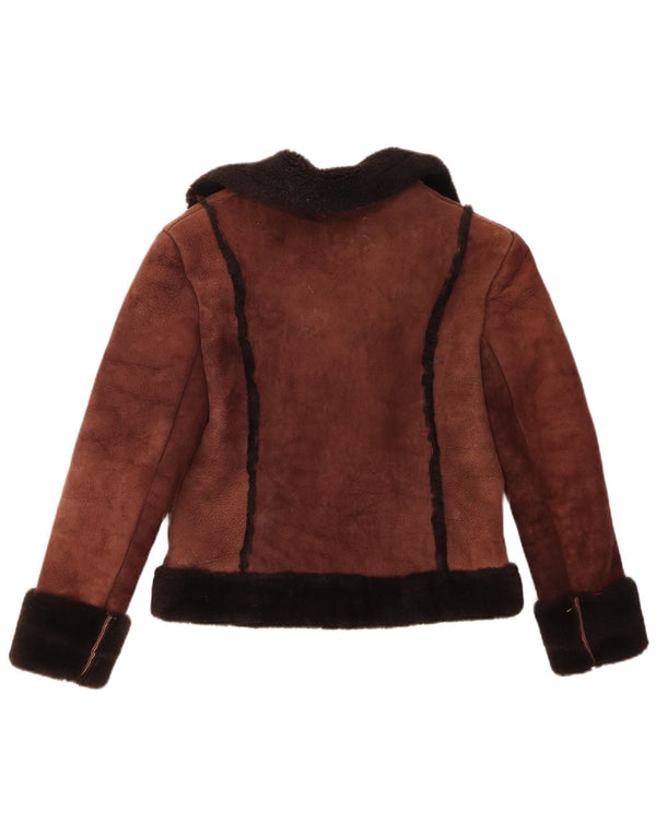 Vintage Womens Crop Sherpa Suede Jacket UK 10 Small Brown Colourblock