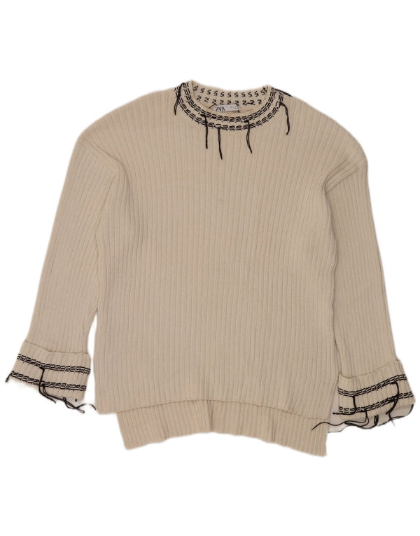 Maglione maglione girocollo oversize da donna Zara UK 16 grande cotone bianco sporco