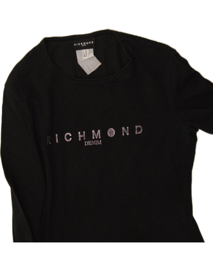RICHMOND Womens Graphic Top Long Sleeve UK 10 Small Black Cotton Vintage Richmond and Second-Hand Richmond from Messina Hembry 