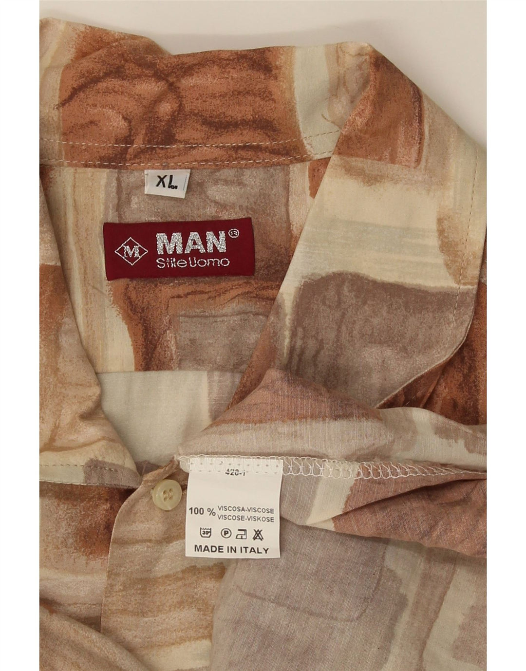 Camicia vintage da uomo a maniche corte XL in viscosa patchwork marrone