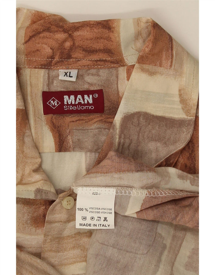 Camicia vintage da uomo a maniche corte XL in viscosa patchwork marrone