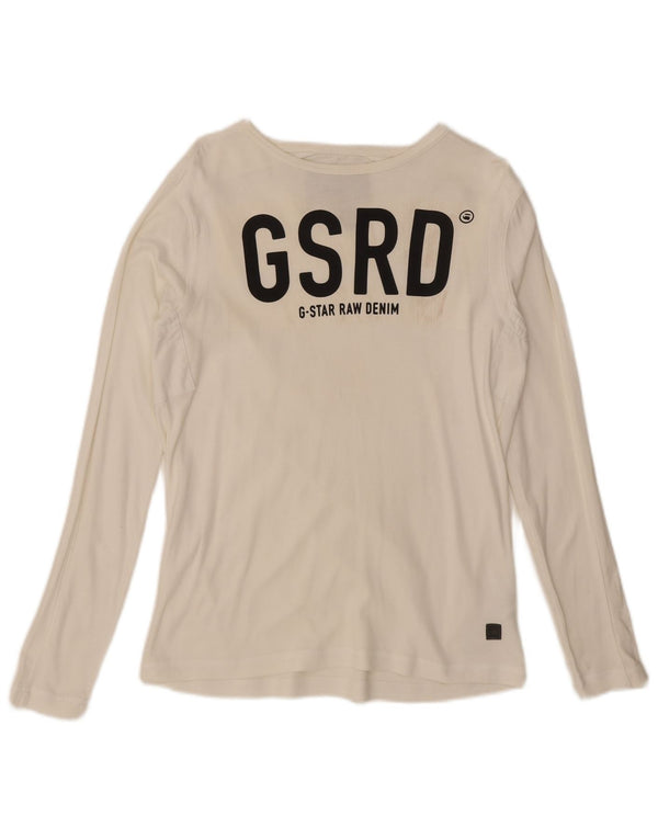 Top grafico da donna G-Star manica lunga UK 14 grande cotone bianco