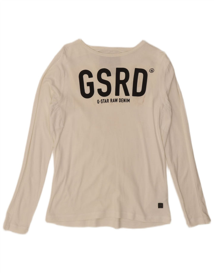Top grafico da donna G-Star manica lunga UK 14 grande cotone bianco