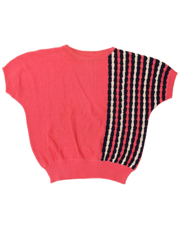 Maglione maglione girocollo da donna vintage UK 16 a righe grandi rosa