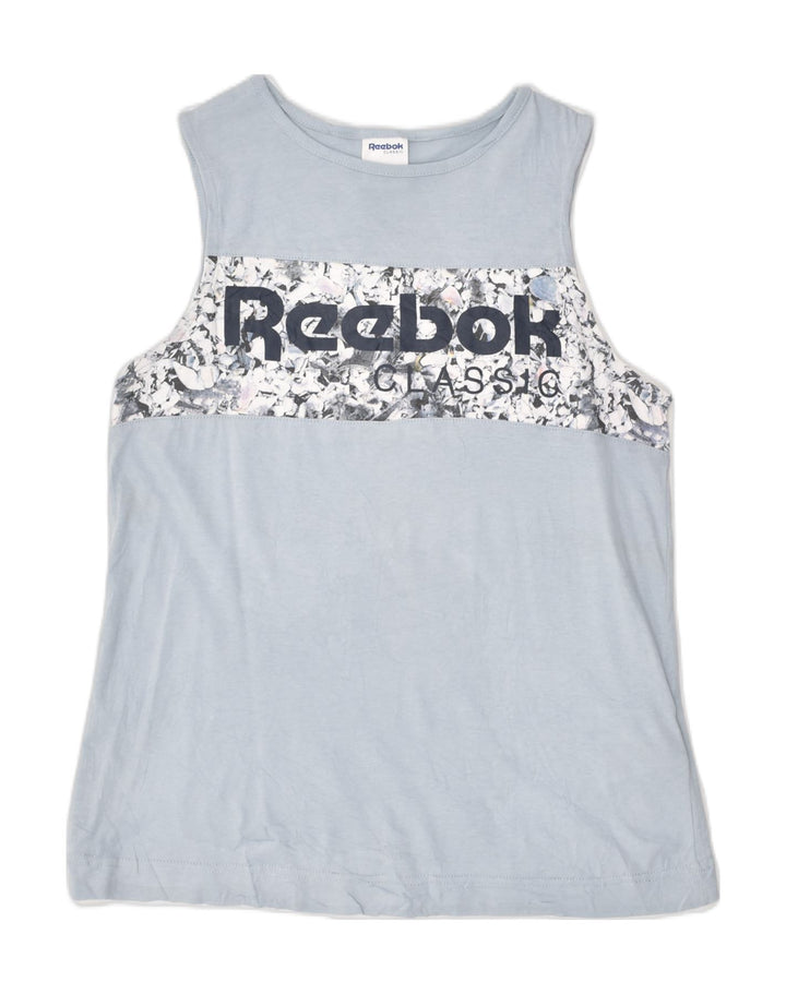 REEBOK Womens Graphic Vest Top UK 12 Medium Blue Cotton | Vintage Reebok | Thrift | Second-Hand Reebok | Used Clothing | Messina Hembry 