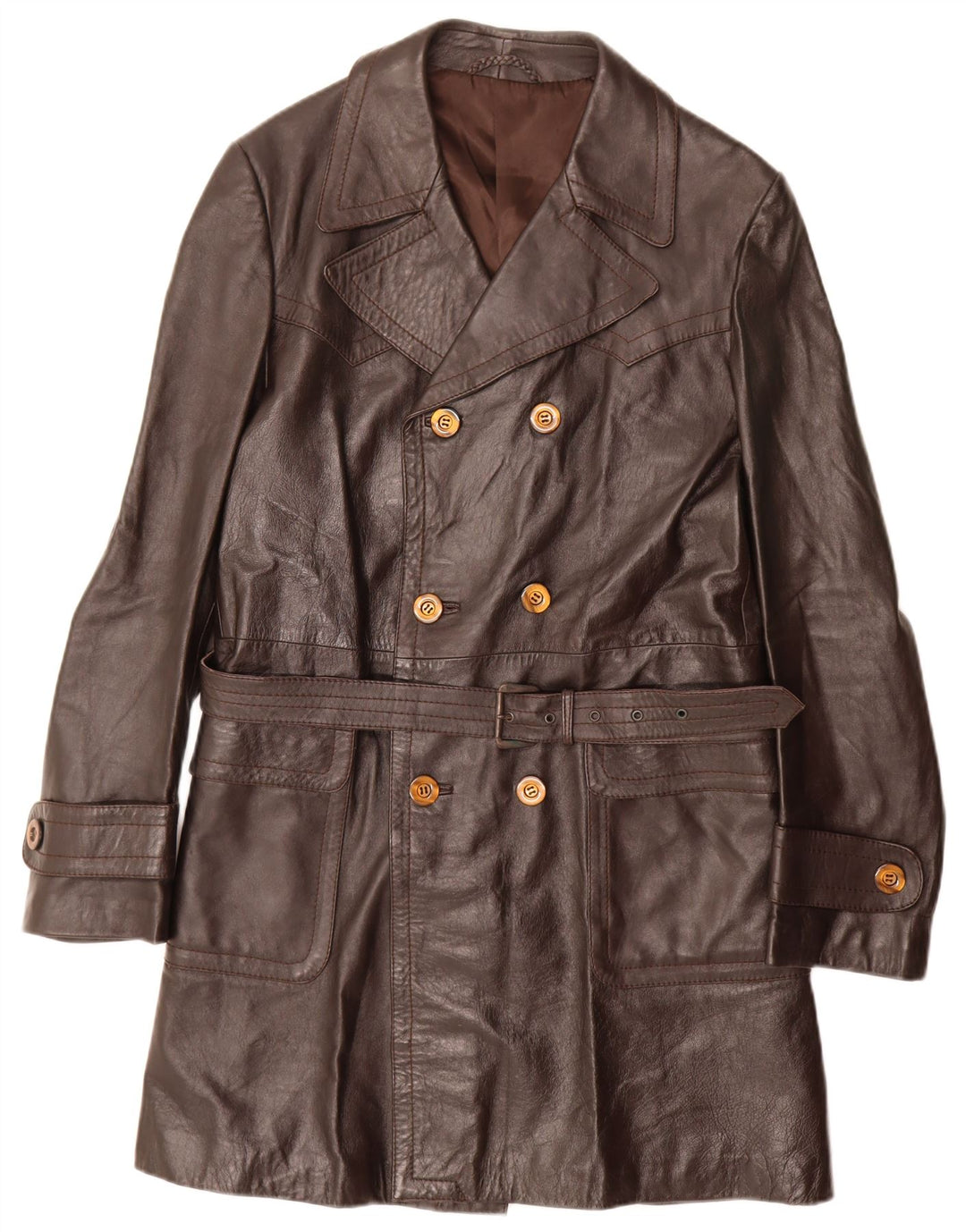 Cappotto doppiopetto in pelle da uomo vintage UK 36 piccolo marrone