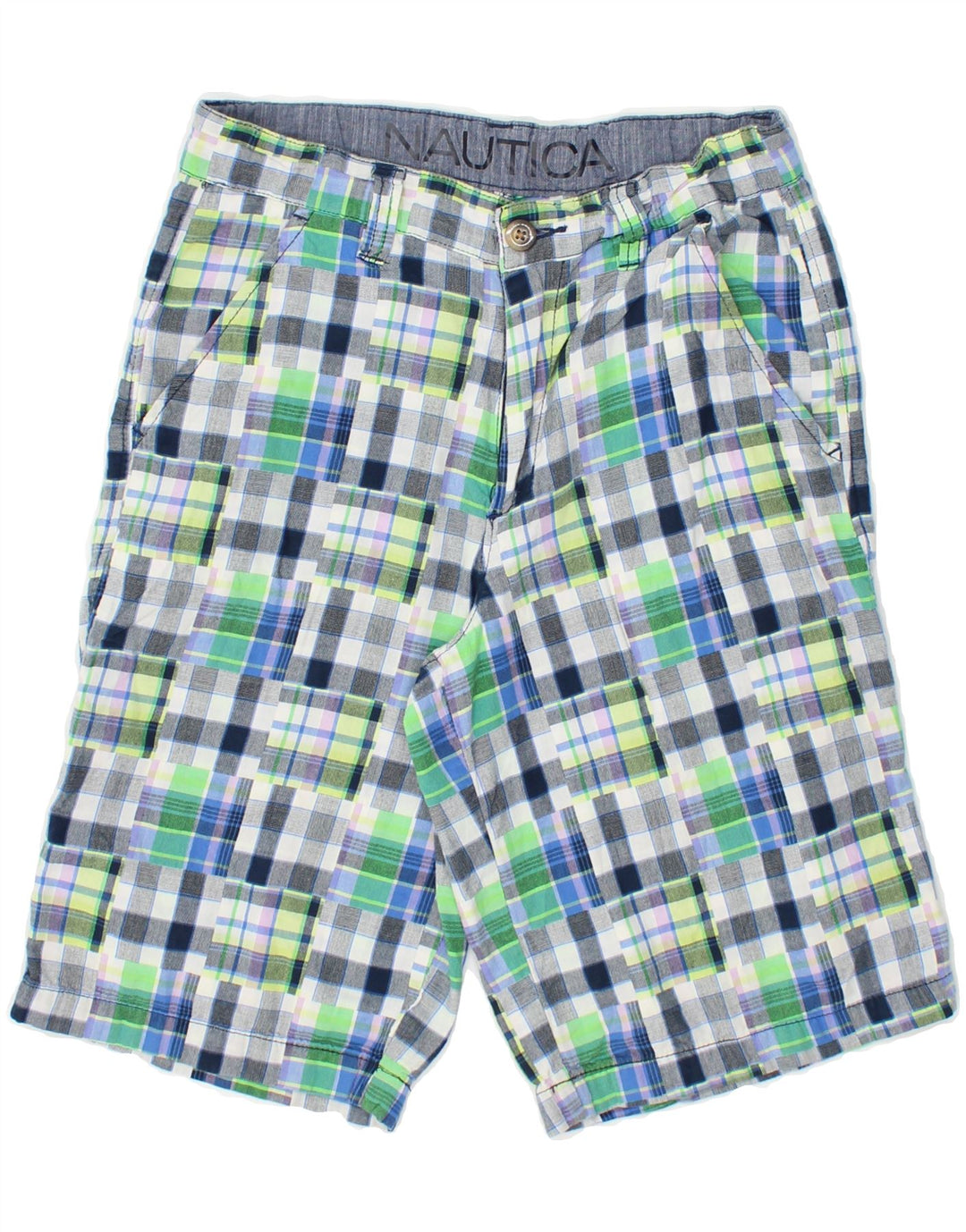 NAUTICA Boys Chino Shorts 15-16 Years W26 Blue Patchwork Cotton Vintage Nautica and Second-Hand Nautica from Messina Hembry 