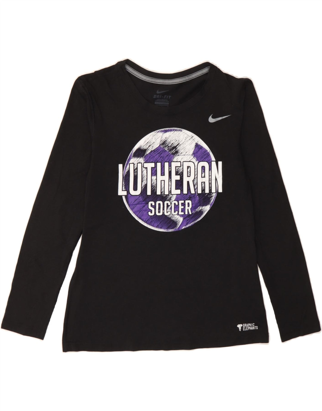 NIKE Womens Dri Fit Graphic Top Long Sleeve UK 12 Medium Black Polyester Vintage Nike and Second-Hand Nike from Messina Hembry 