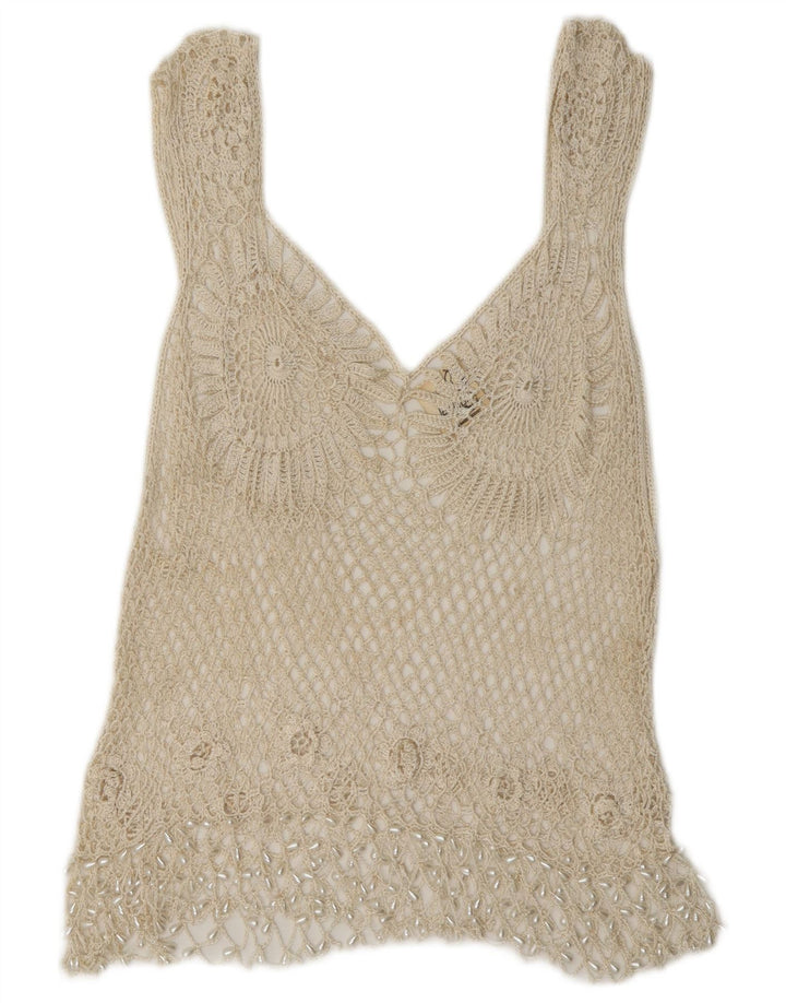 Camicetta da donna all'uncinetto fatta a mano Rafale Top UK 14 Rayon beige medio