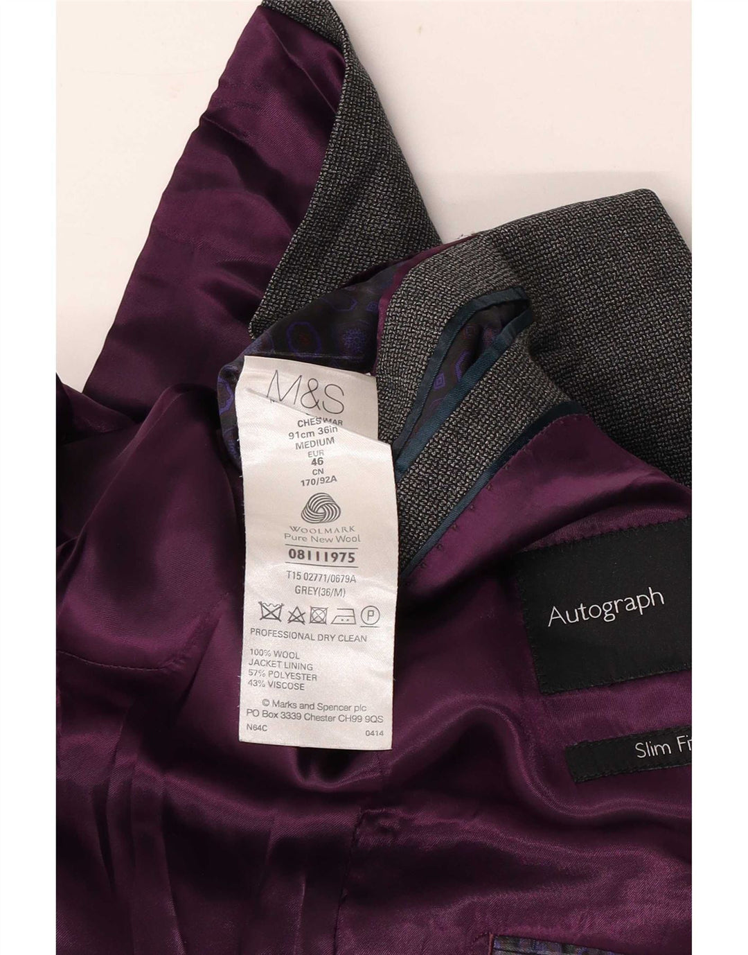 Giacca blazer a 2 bottoni Autograph da uomo Marks & Spencer EU 36 piccola grigia