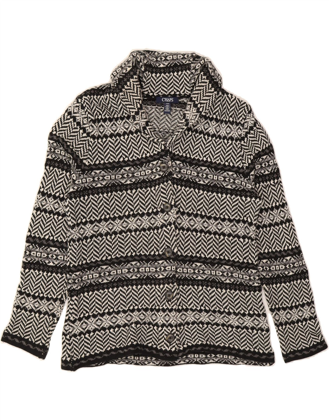 CHAPS Womens Cardigan Sweater UK 14 Medium Black Fair Isle Cotton Vintage Chaps and Second-Hand Chaps from Messina Hembry 