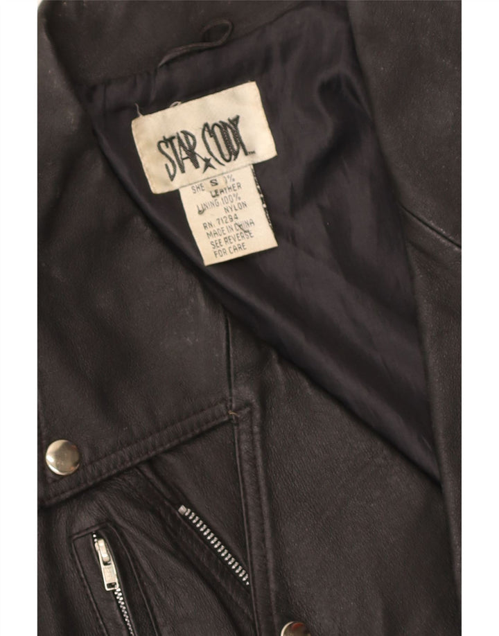 Giacca da motociclista in pelle corta da donna vintage UK 10 piccola pelle nera