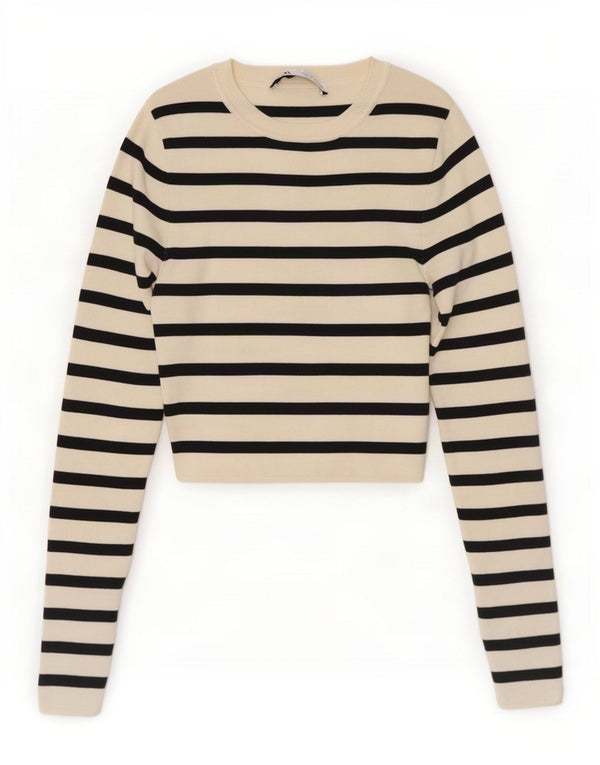 Top corto da donna Zara in camicetta UK 8 piccolo in viscosa a righe bianco sporco