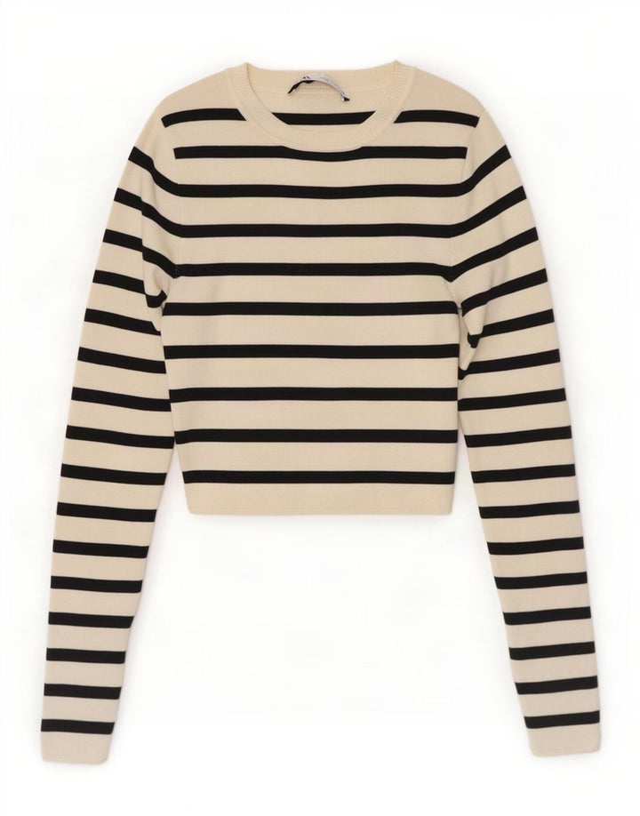 Top corto da donna Zara in camicetta UK 8 piccolo in viscosa a righe bianco sporco