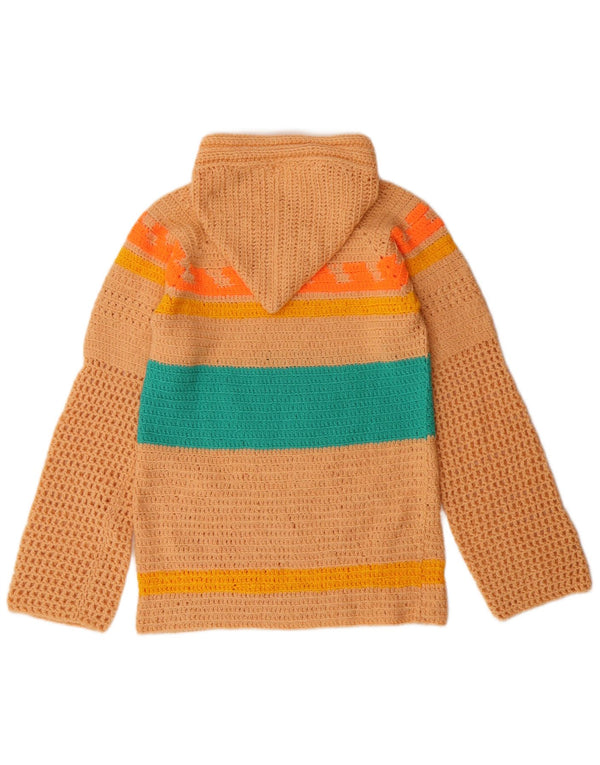 Maglione maglione all'uncinetto con cappuccio da donna VINTAGE UK 10 piccolo a righe beige