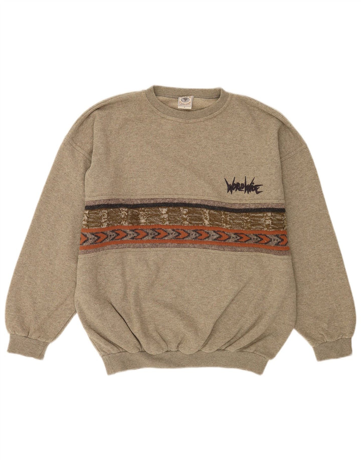 Vintage Mens Graphic Sweatshirt Jumper Large Grey Geometric Cotton