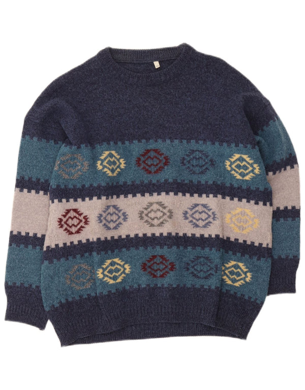 Maglione vintage da uomo girocollo IT 50 medio blu navy geometrico