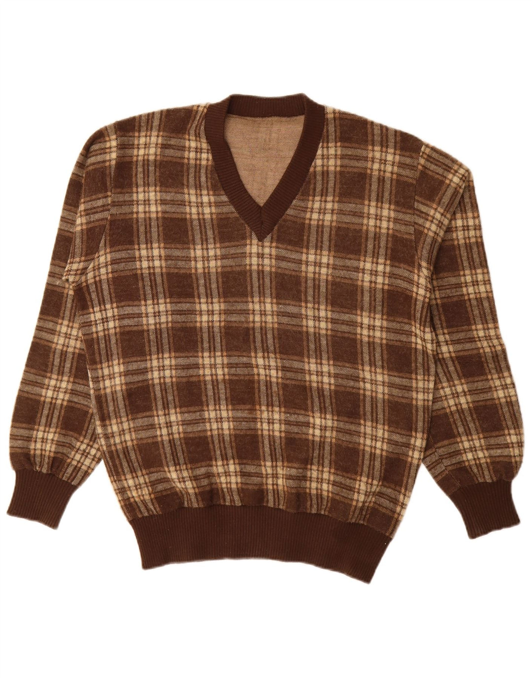 Maglione da uomo vintage con scollo a V, grande acrilico a quadri marroni
