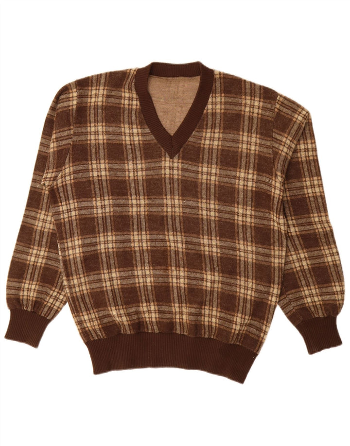 Maglione da uomo vintage con scollo a V, grande acrilico a quadri marroni