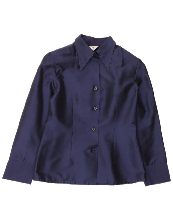 Camicetta camicia vintage da donna UK 14 seta blu navy media