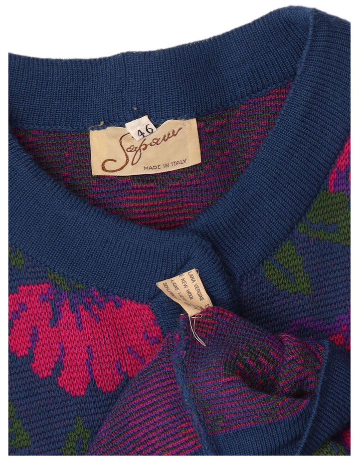 VINTAGE Set da donna 3 pezzi IT 46 Large W26 Lana vergine floreale blu navy