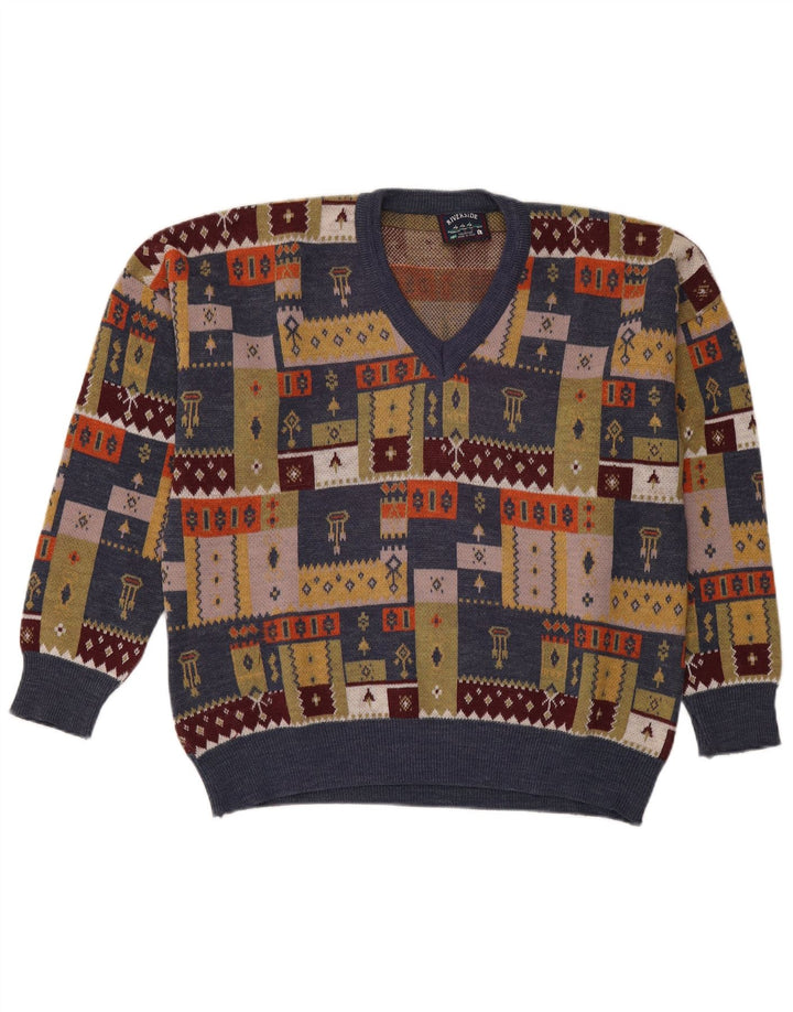 Maglione vintage da uomo con scollo a V grande patchwork multicolore