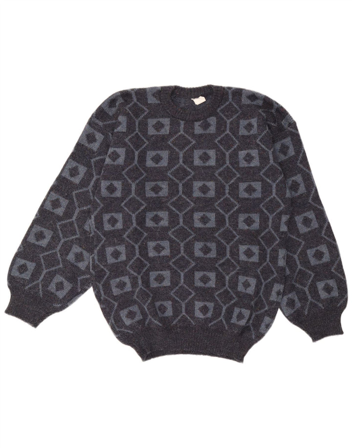 Maglione girocollo da uomo vintage in acrilico geometrico grigio medio