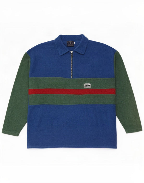 Top vintage da uomo con zip e collo a maniche lunghe 2XL Cotone color block blu