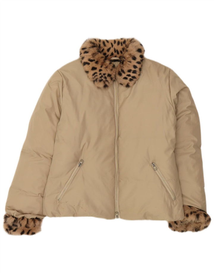 Giacca imbottita oversize da donna vintage UK 10 piccola stampa animalier beige