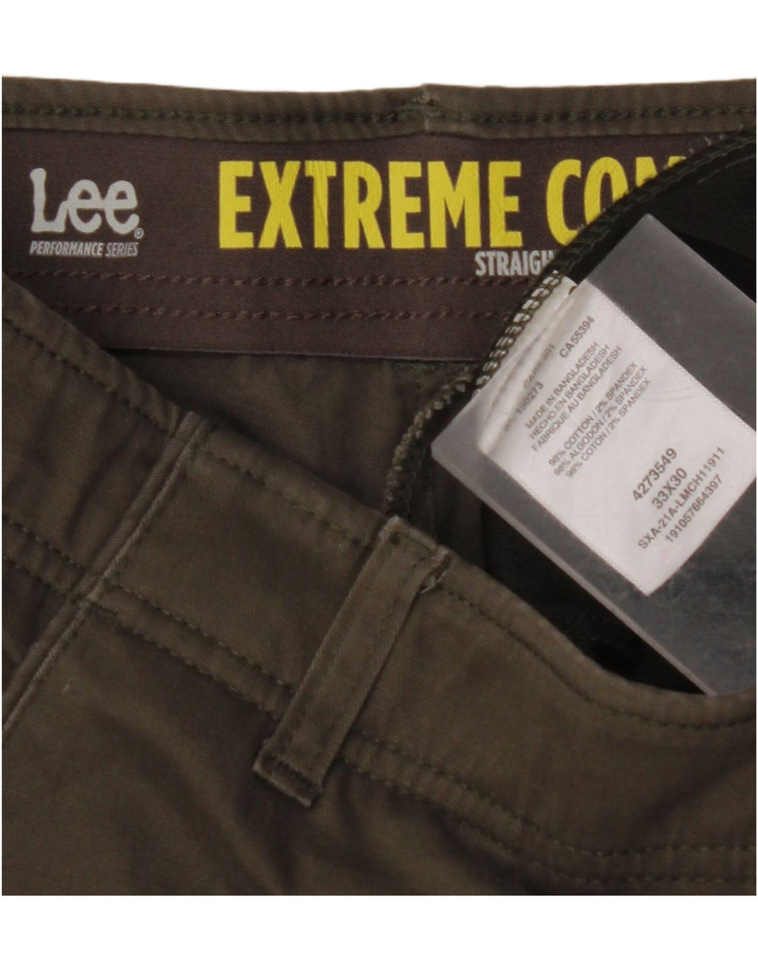 LEE Mens Extreme Comfort Straight Chino Trousers W33 L30 Khaki Cotton