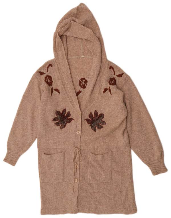 Maglione cardigan lungo da donna vintage UK 14 Beige medio floreale