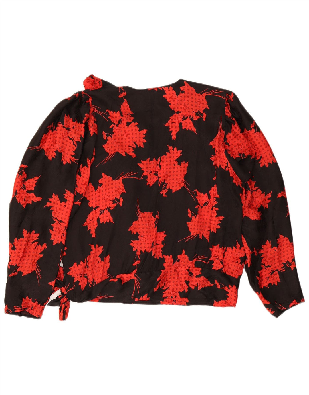 Camicetta vintage da donna a maniche lunghe con volant sul davanti IT 46 Grande motivo floreale nero