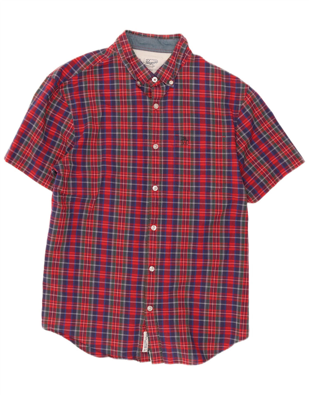 Camicia a maniche corte da uomo Penguin in cotone a quadri rossi medi