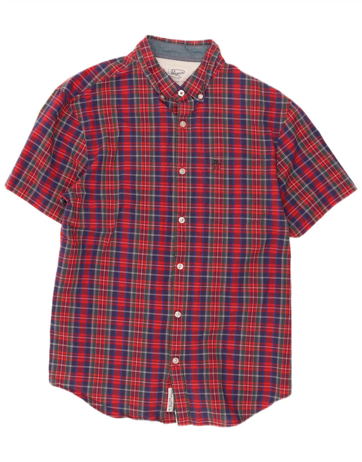 Camicia a maniche corte da uomo Penguin in cotone a quadri rossi medi