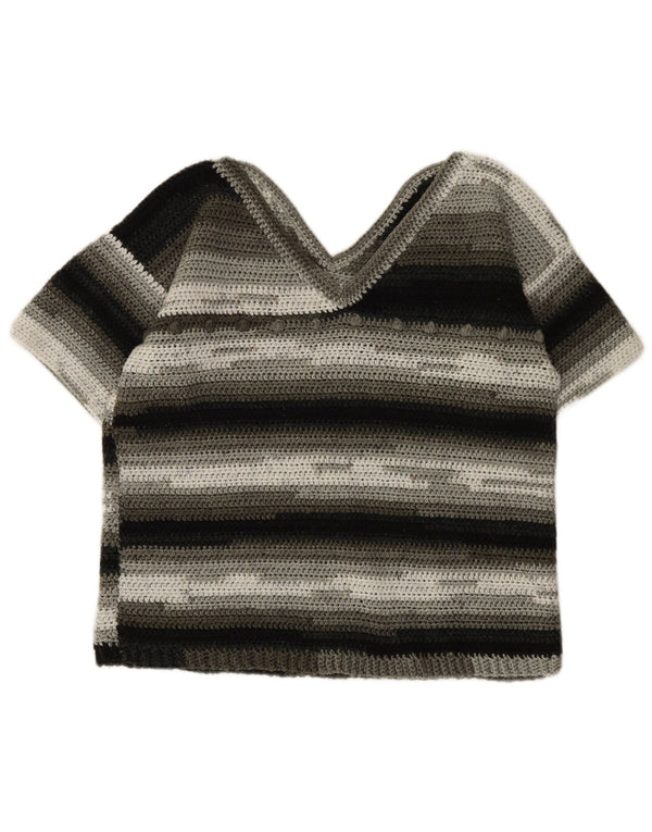 Maglione vintage da donna a maniche corte con scollo a V UK 14 a righe grigio medio