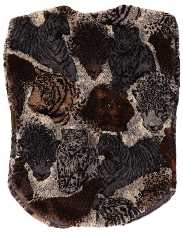 Gilet aperto da donna in pelliccia sintetica VINTAGE UK 16 grande acrilico marrone con stampa animalier