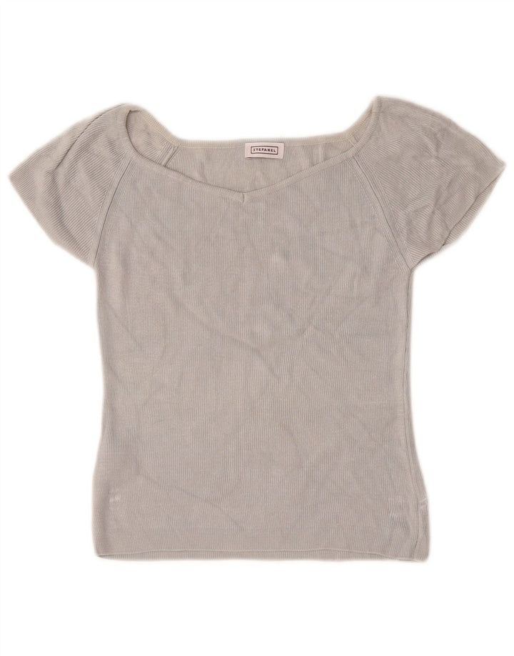 Stefanel Donna Lash Crop Camicetta Top UK 12 Rayon grigio medio