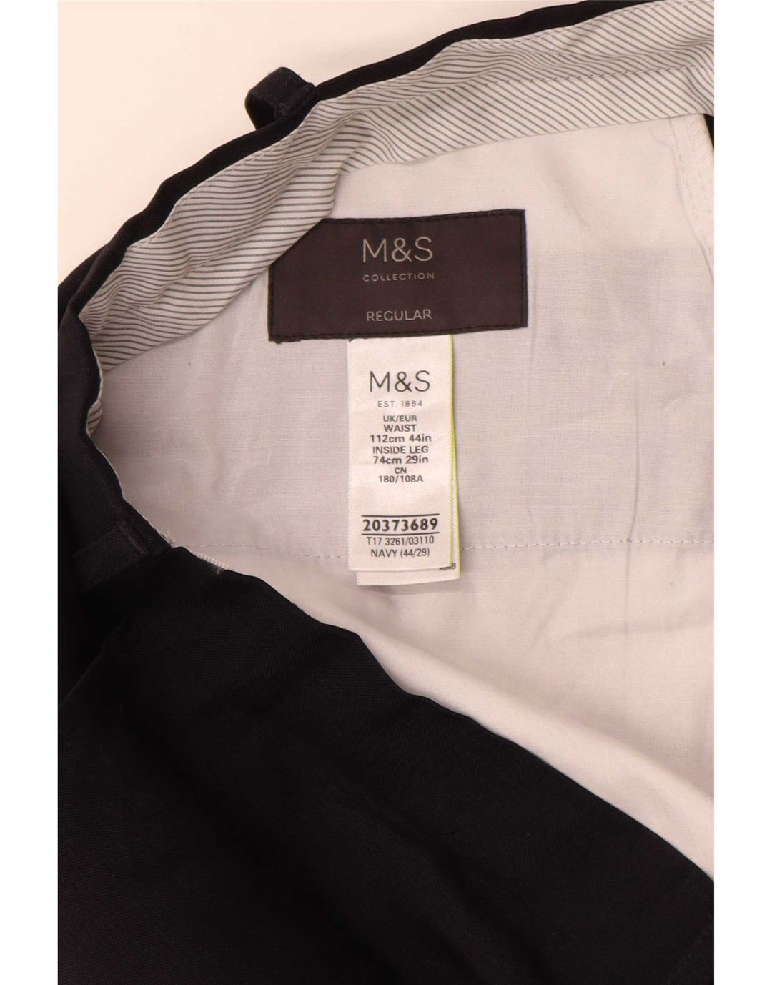Pantaloni da abito vestibilità regolare da uomo Marks & Spencer W44 L27 poliestere blu navy