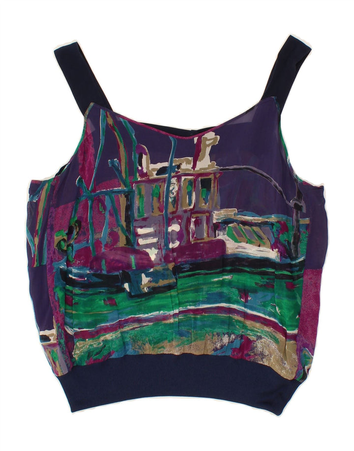 VINTAGE Womens Abstract Pattern Cami Top UK 12 Medium Navy Blue Vintage Vintage and Second-Hand Vintage from Messina Hembry 