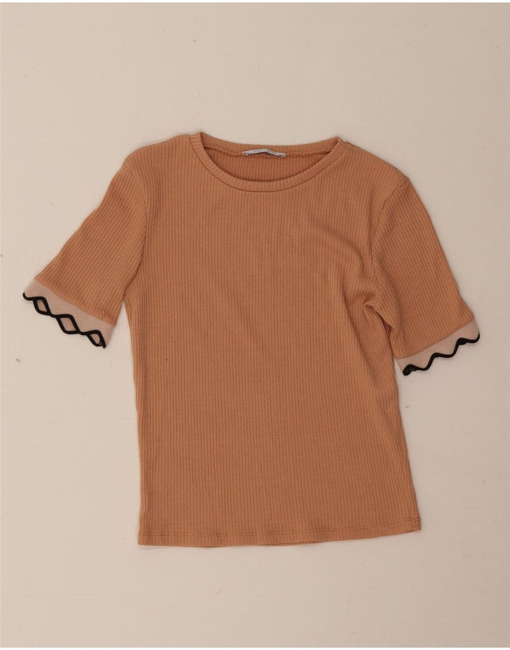 T-shirt corta da donna Zara UK 10 piccola marrone poliestere