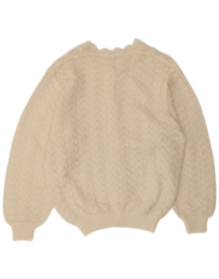Maglione cardigan da donna vintage UK 16 grande poliacrilico bianco sporco