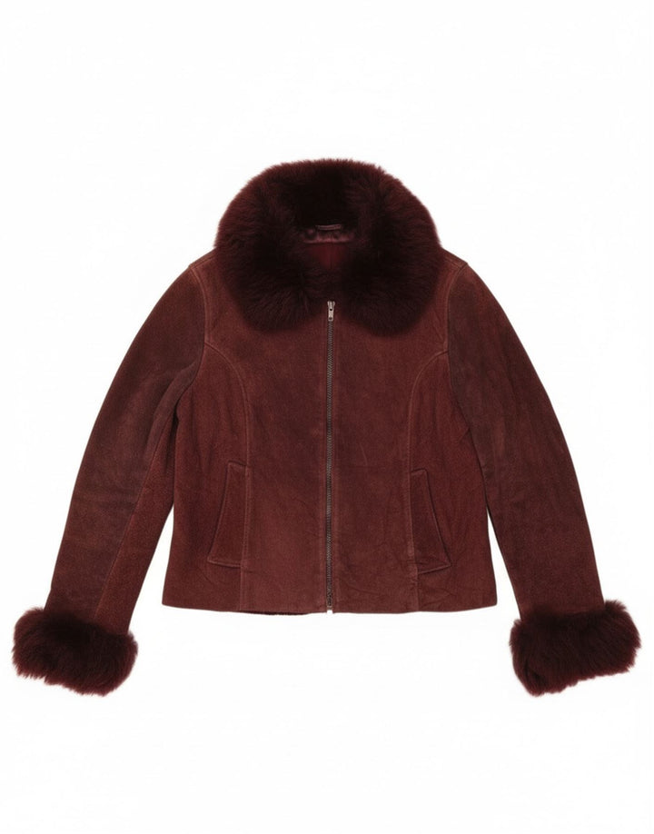 Giacca Sherpa vintage da donna UK 10 piccola Borgogna