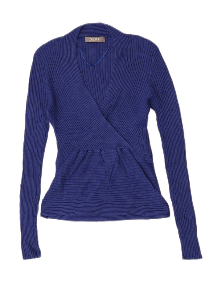 Maglione da donna con scollo a V Oasis UK 12 Viscosa blu medio